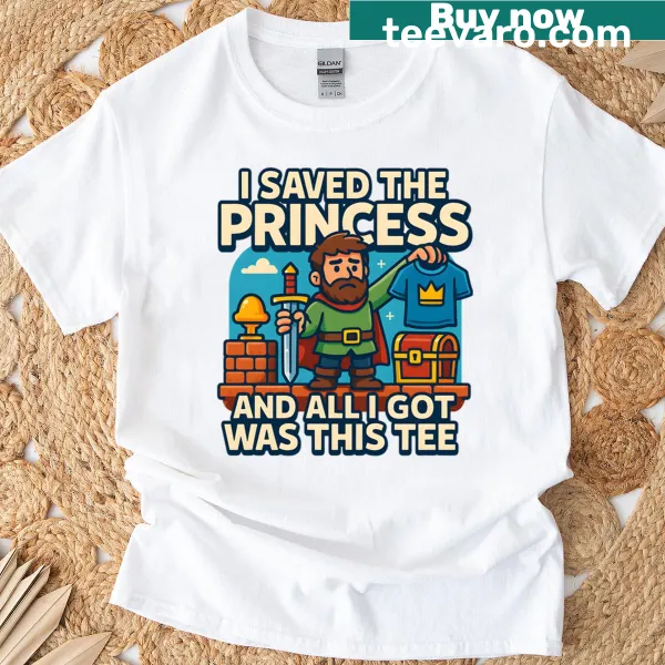 Funny gamer t-shirt with a quest to save the princess graphic.