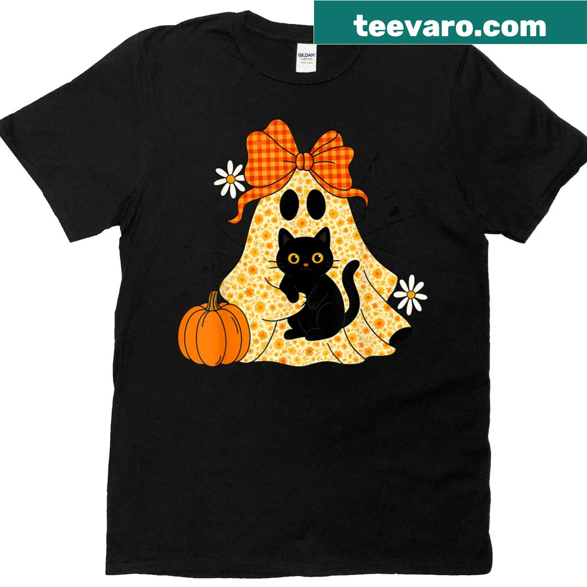 Halloween T-shirt featuring a ghost and black cat with a bow. — on a men's t-shirt