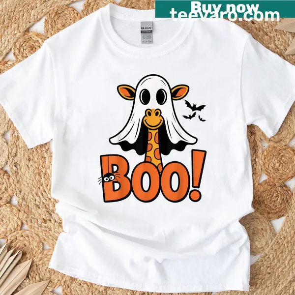 Cartoon giraffe in a ghost costume with 'Boo' for Halloween.