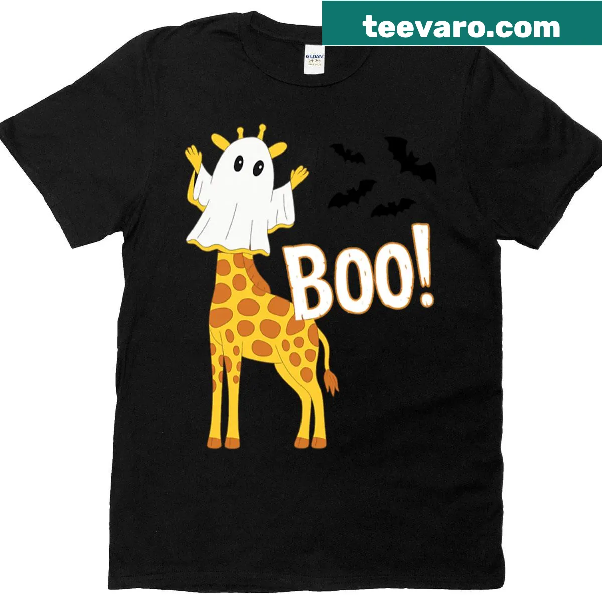 Funny Halloween T-shirt with a giraffe in ghost costume — on a men's t-shirt