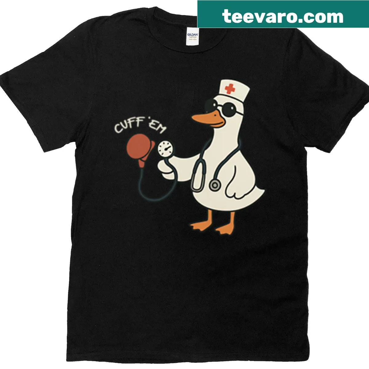 Humorous T-shirt for nurses with goose and 'Cuff 'Em' text — on a men's t-shirt