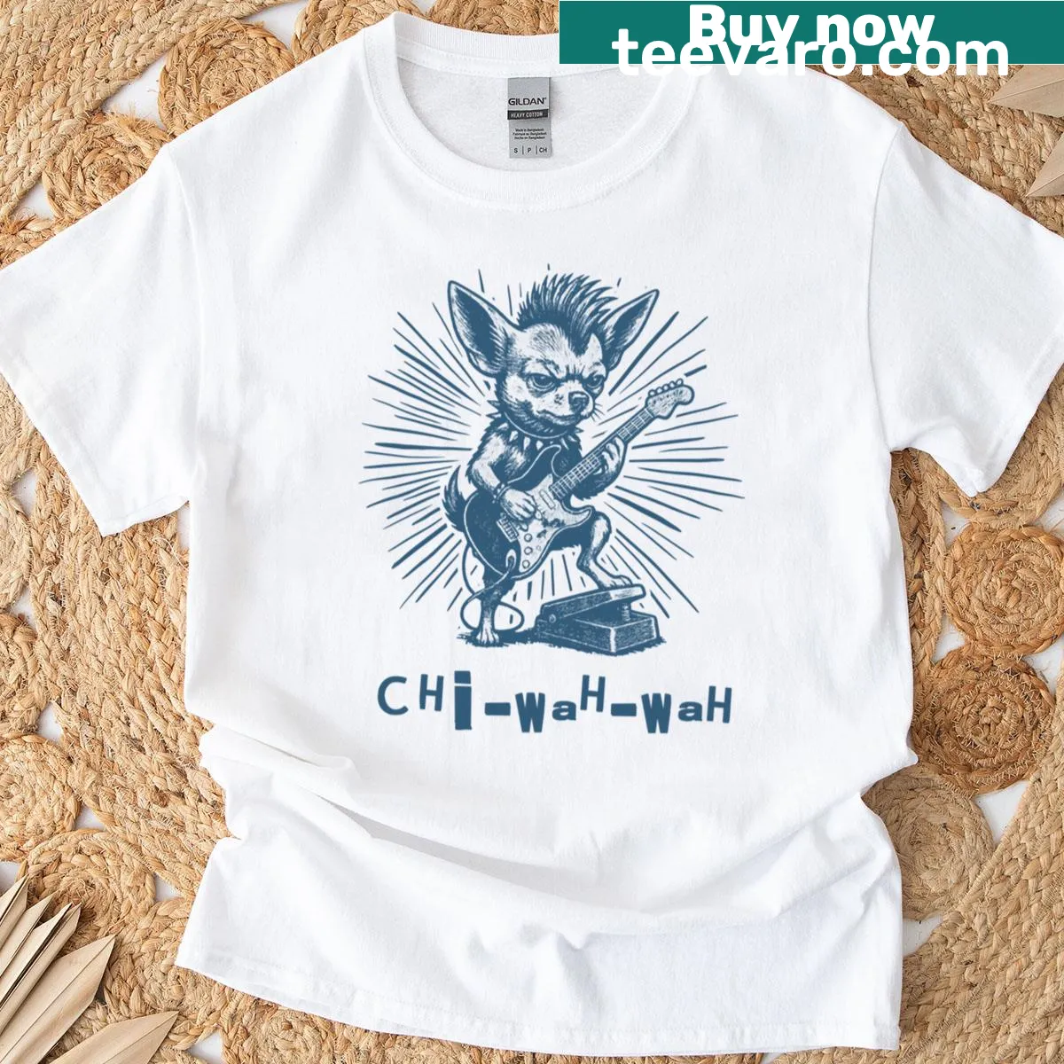 Funny Chihuahua playing guitar t-shirt with pun graphic — on a men's t-shirt