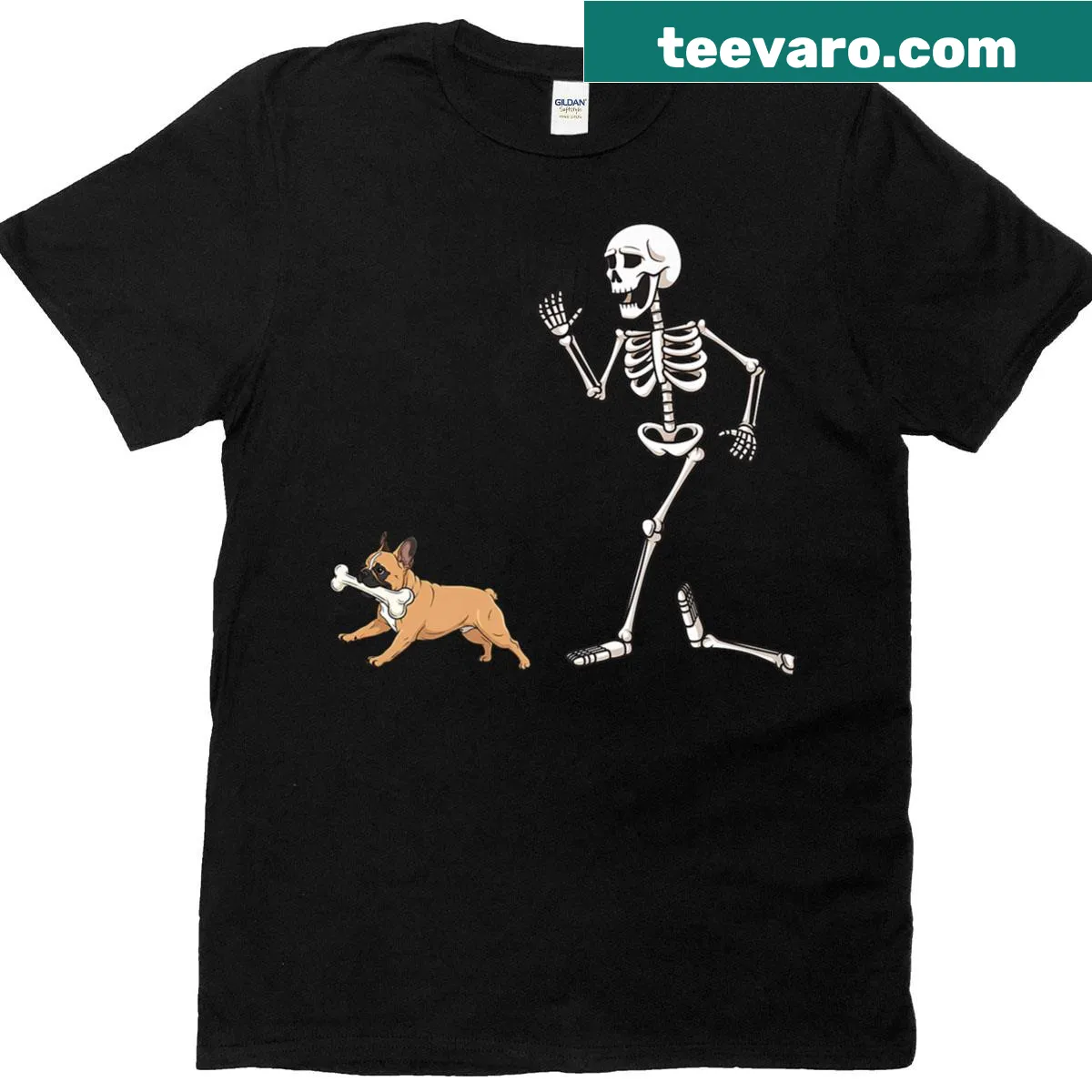 Cartoon graphic of a French Bulldog and skeleton for Halloween — on a men's t-shirt