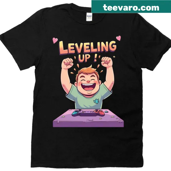 Oversized T-shirt with cartoon 'Level Up' gaming illustration
