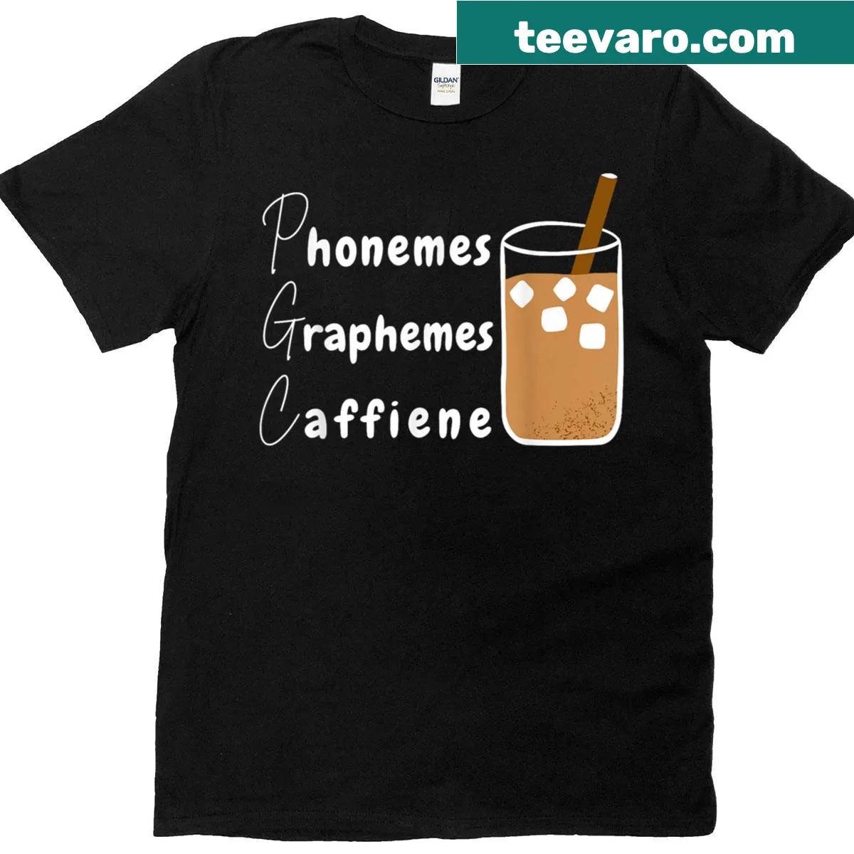 Humorous typography t-shirt about linguistics and caffeine — on a men's t-shirt