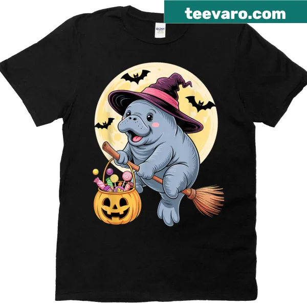 Cartoon manatee as a witch with pumpkin and candy on a t-shirt