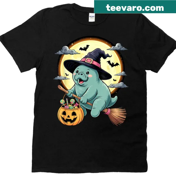 Illustration of a manatee in a witch costume with a pumpkin for Halloween.