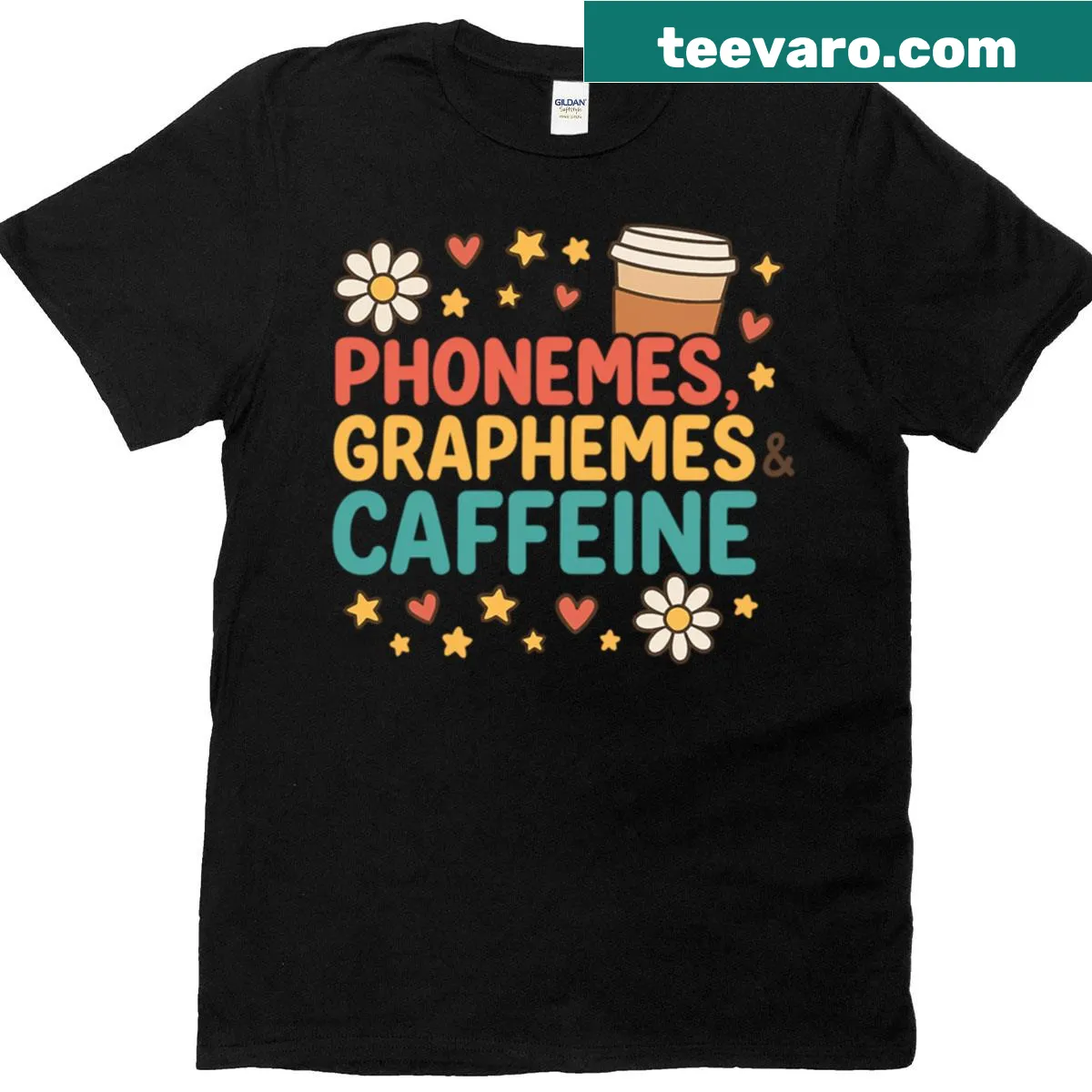Typography design featuring phonemes, graphemes, and caffeine for students. — on a men's t-shirt