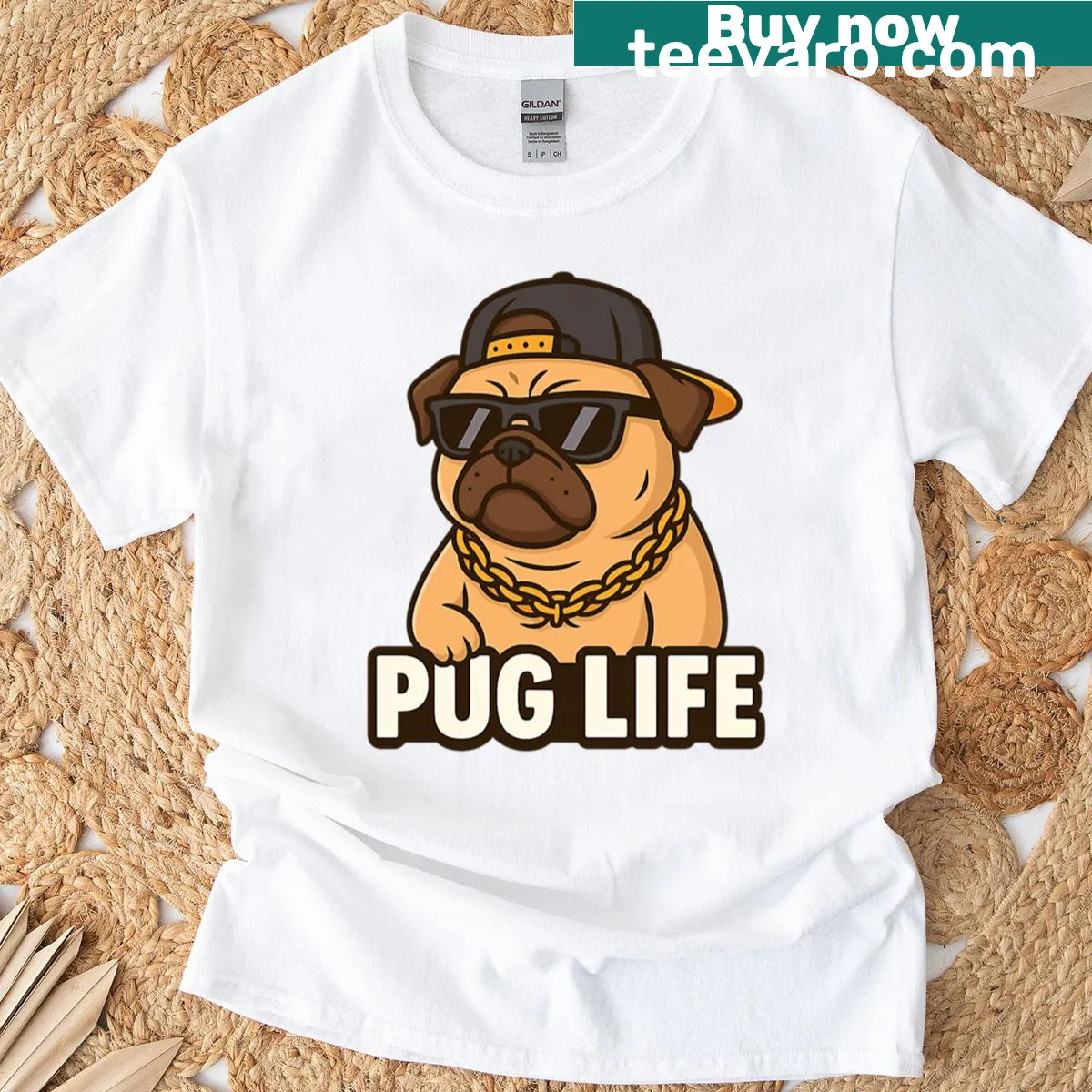 Oversized t-shirt with a cute cartoon pug and 'Pug Life' text — on a men's t-shirt