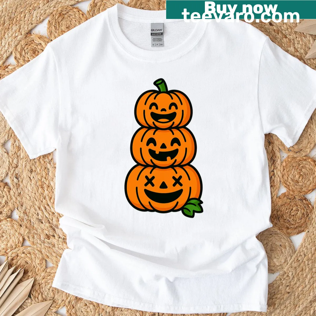 Playful T-shirt featuring a stack of pumpkins in a fun design — on a men's t-shirt