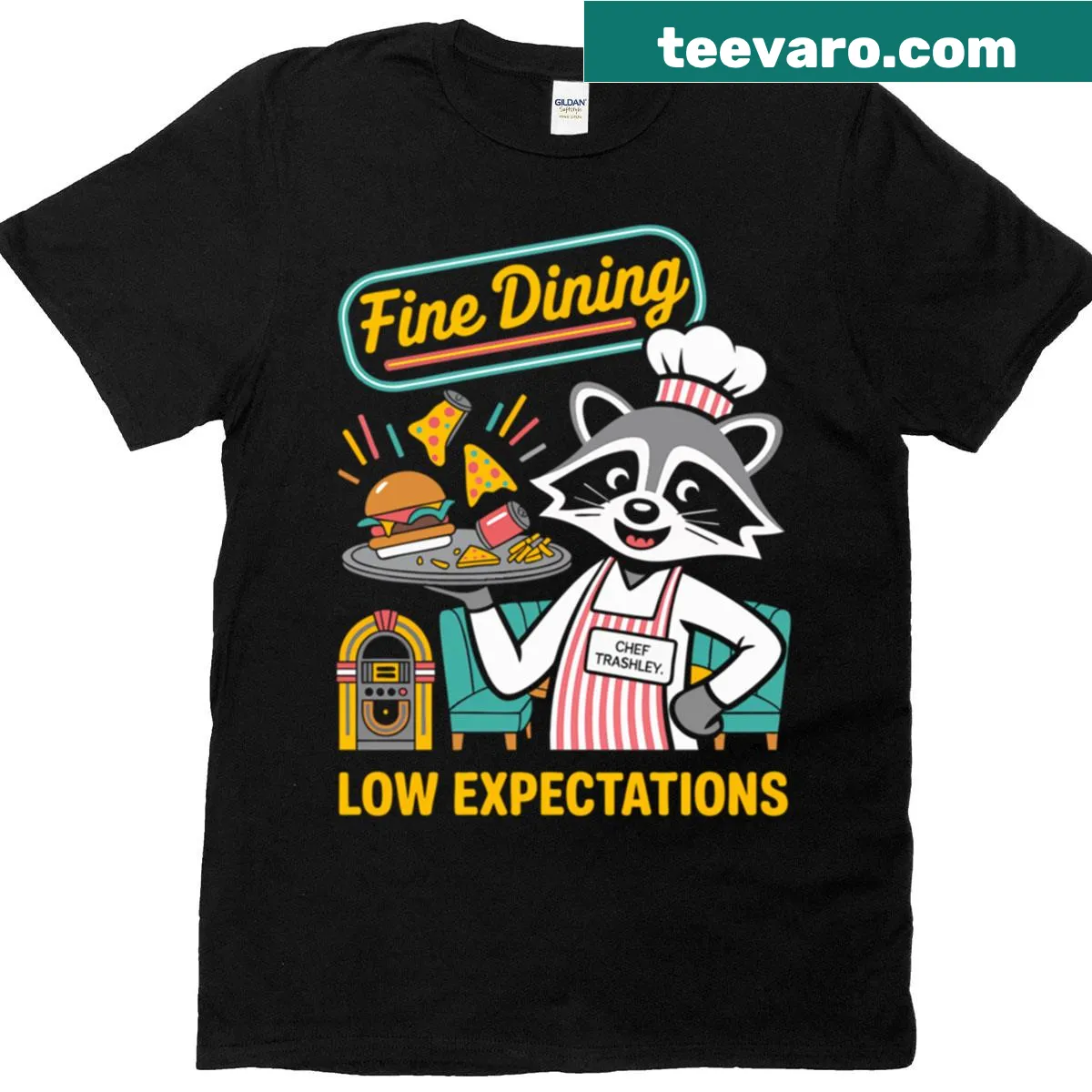 T-shirt featuring a raccoon chef in a humorous fine dining scene. — on a men's t-shirt