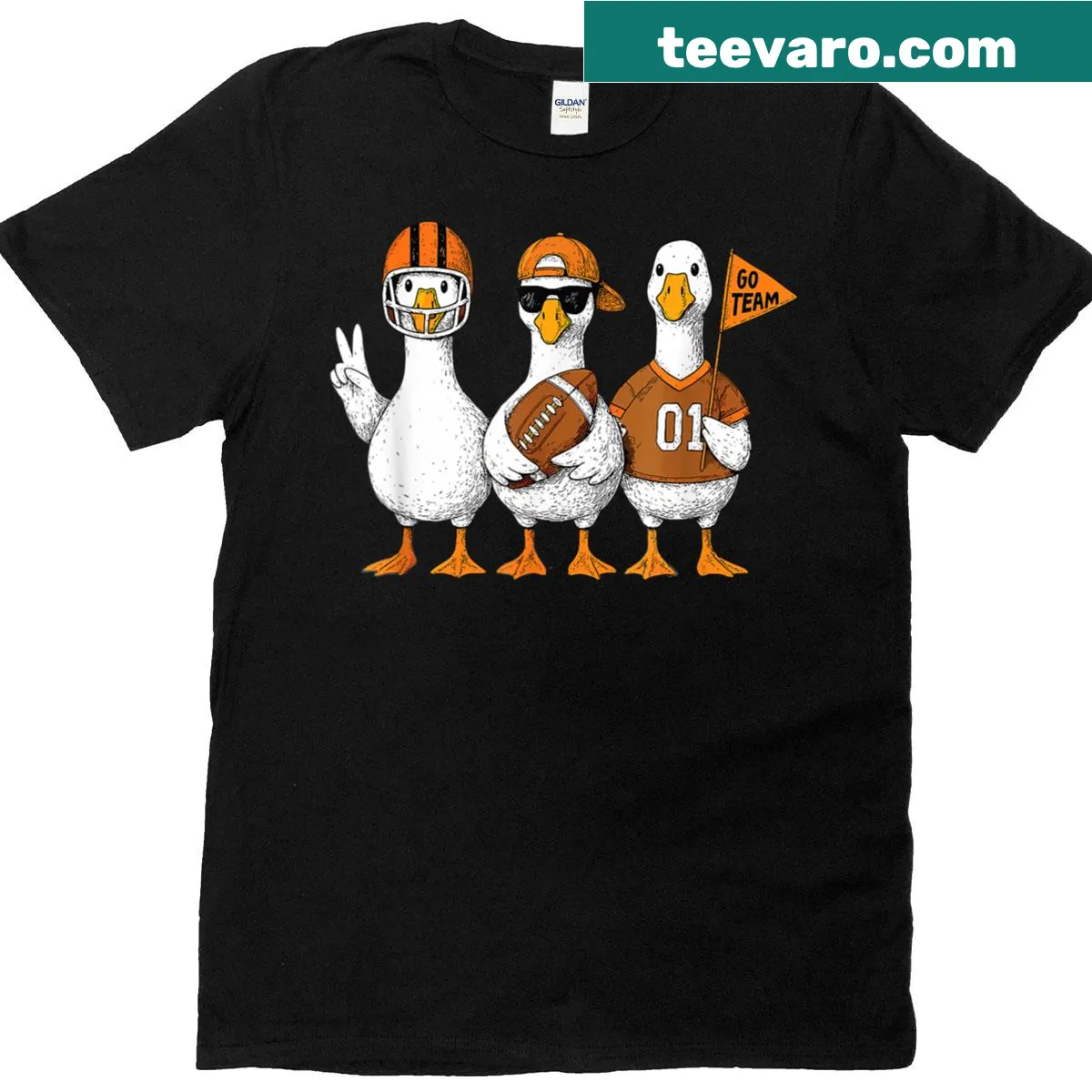 Funny football T-shirt with a silly goose cartoon design. — on a men's t-shirt