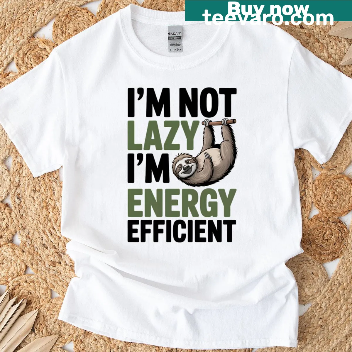 Cute cartoon sloth energy efficient humor t-shirt — on a men's t-shirt