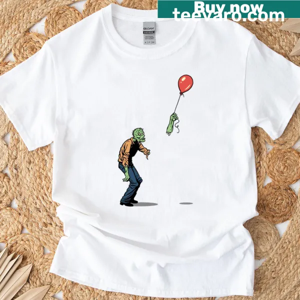 Zombie holding a severed hand balloon on a T-shirt