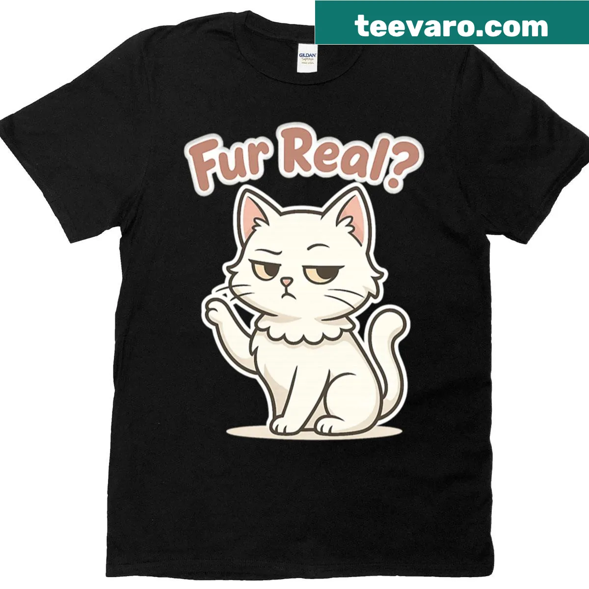 T-shirt featuring a sassy white cat cartoon design — on a men's t-shirt