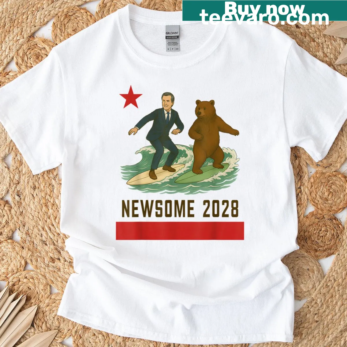 California bear surfing with Gavin Newsome for the 2028 election on a t-shirt — on a men's t-shirt