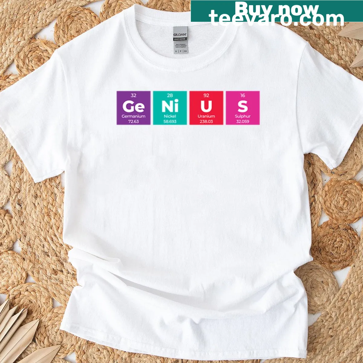 Horizontal periodic table design with humorous elements for science lovers — on a men's t-shirt