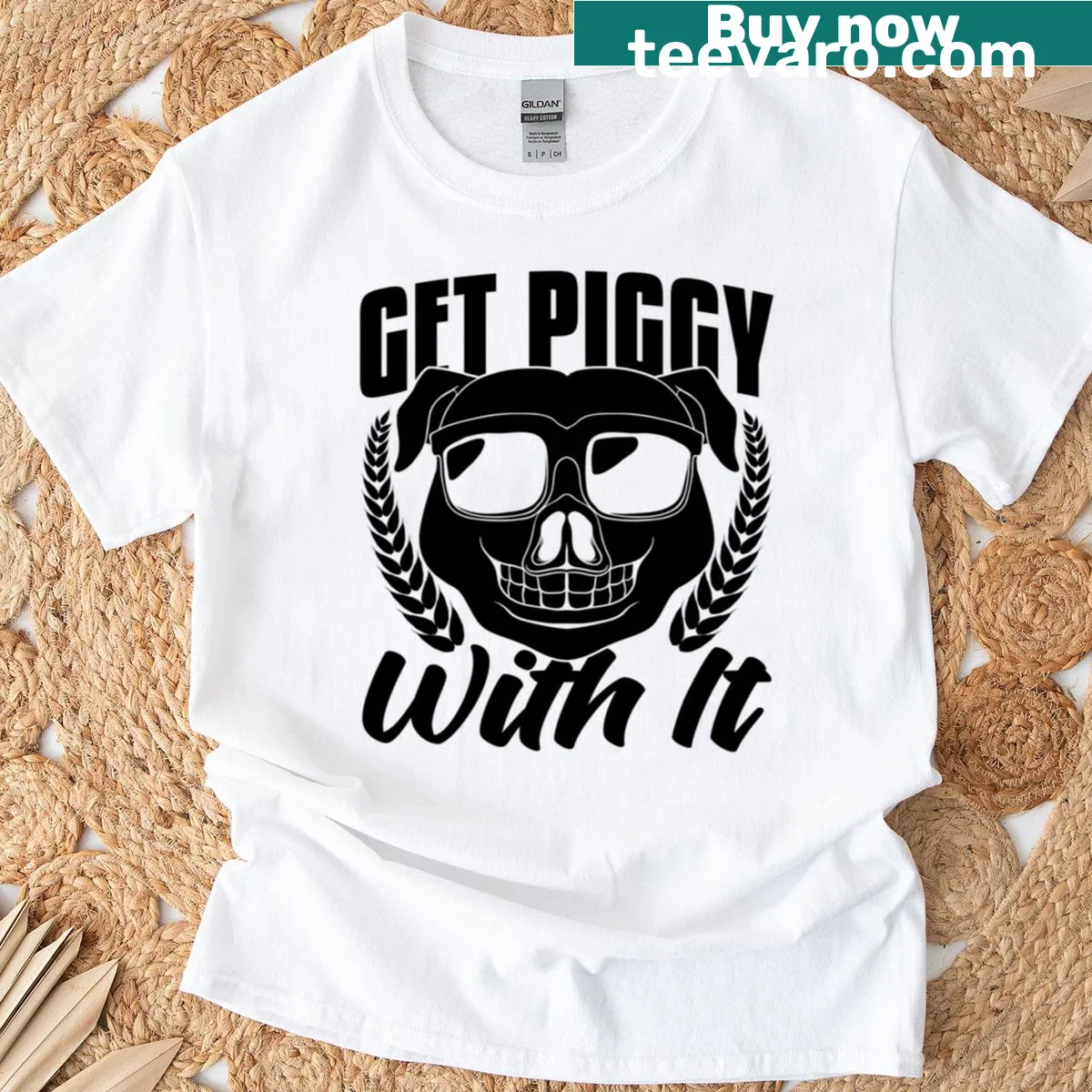 Pig graphic with the phrase 'Get Piggy With It' in a fun font — on a men's t-shirt