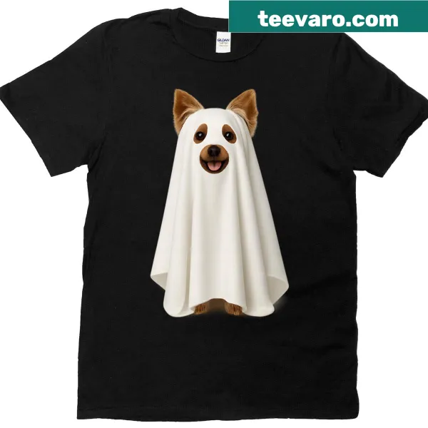 Cartoon-style ghost dog illustration on a T-shirt
