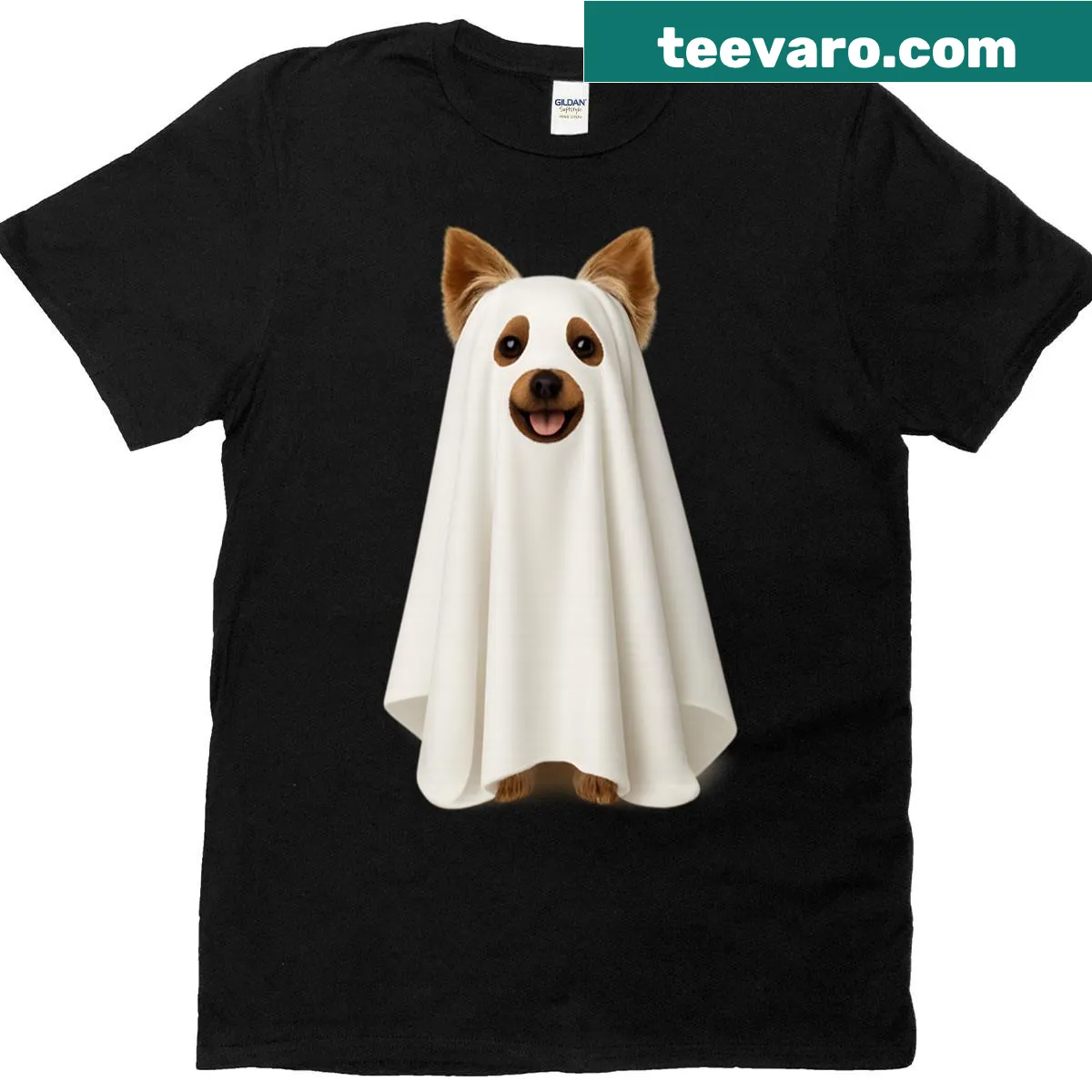 Cartoon-style ghost dog illustration on a T-shirt — on a men's t-shirt