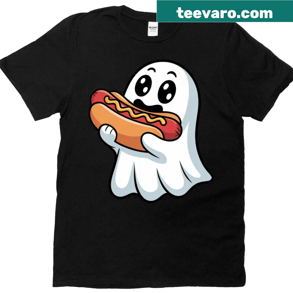 Cartoon ghost eating a hot dog on toddler t-shirt for Halloween — on a men's t-shirt