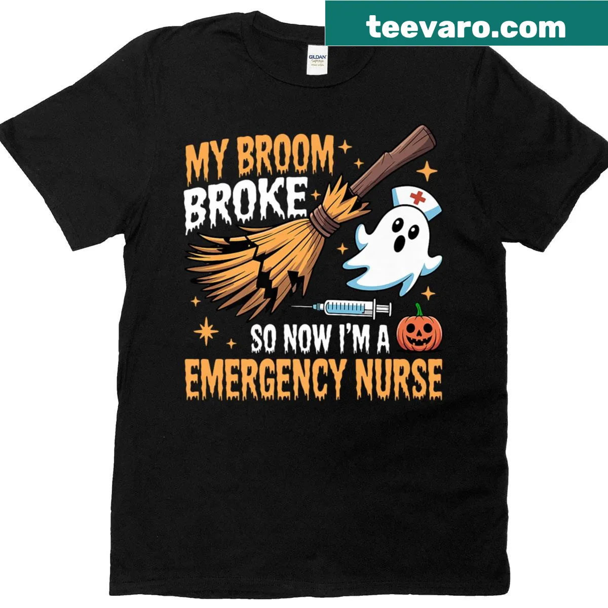 Cute ghost nurse family graphic on Halloween-themed t-shirt — on a men's t-shirt