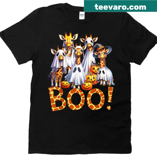 Giraffe in Halloween costume with 'Boo' text illustration