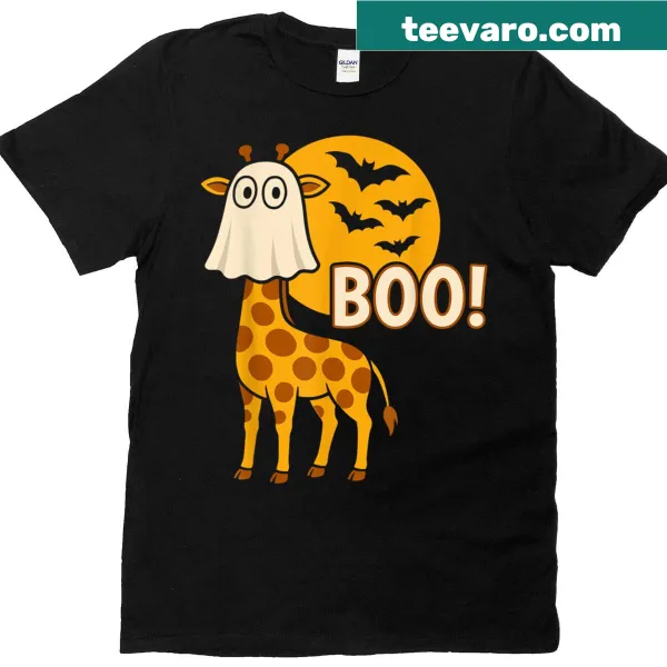 Cartoon giraffe in a ghost costume on Halloween-themed t-shirt