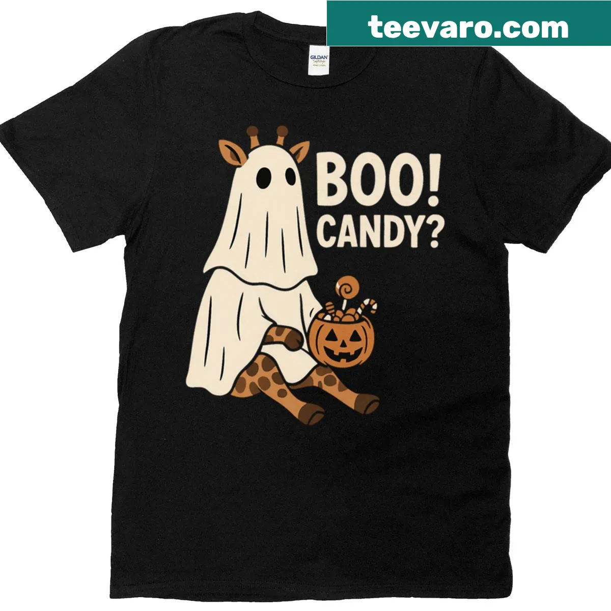 Funny Halloween T-shirt with a giraffe ghost illustration — on a men's t-shirt