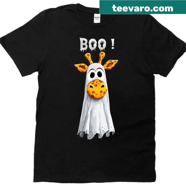 Playful giraffe graphic on a Halloween-themed shirt