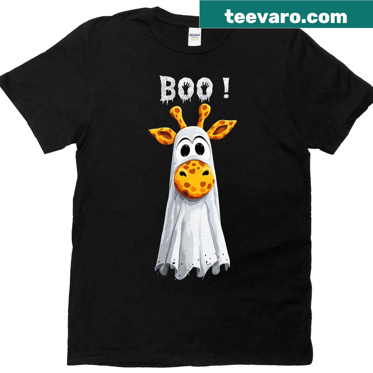 Playful giraffe graphic on a Halloween-themed shirt — on a men's t-shirt