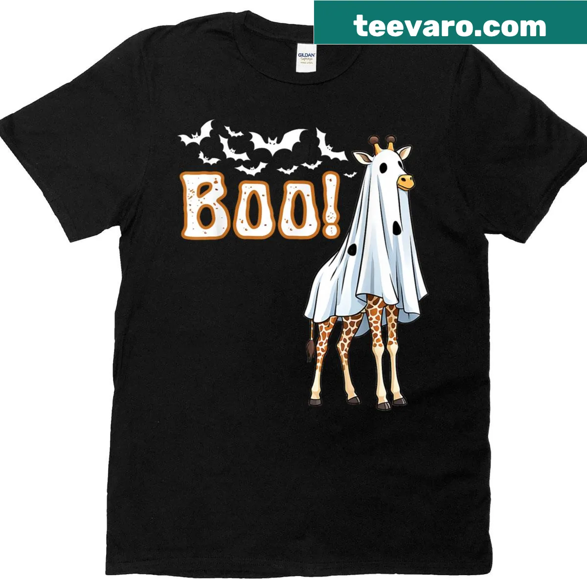 Giraffe in ghost costume Halloween shirt — on a men's t-shirt