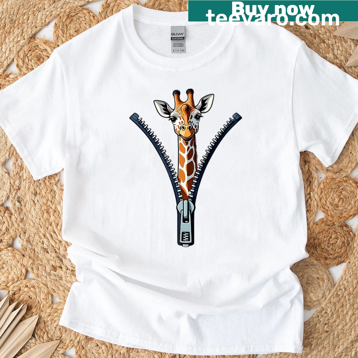 Funny giraffe emerging from a zipper illustration for kids — on a men's t-shirt