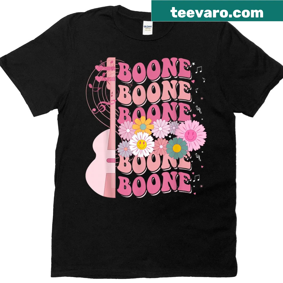 Personalized retro T-shirt with groovy flower design and name space — on a men's t-shirt