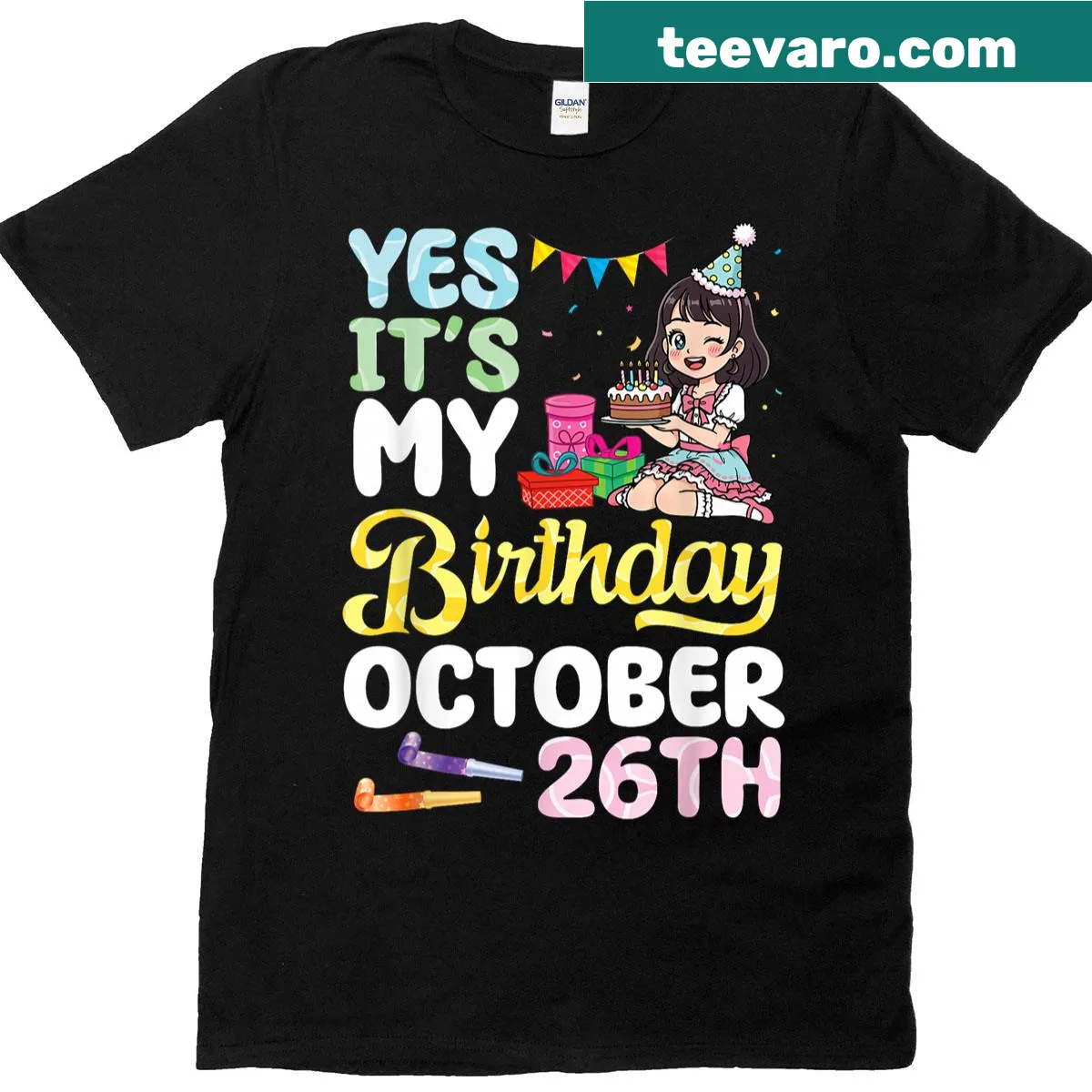 Birthday T-shirt featuring a girl with presents and cake illustration — on a men's t-shirt