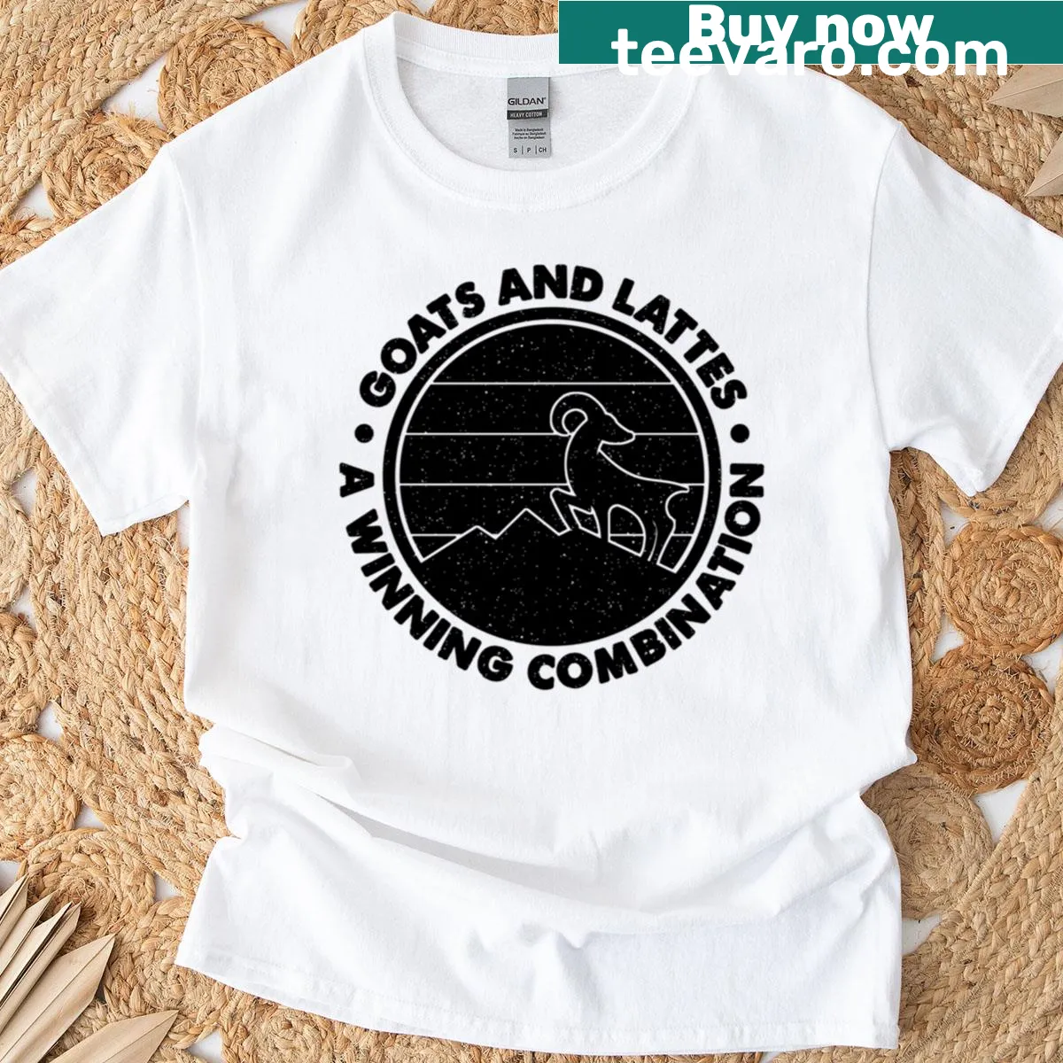 T-shirt featuring goats and lattes, humorous organic farming design — on a men's t-shirt