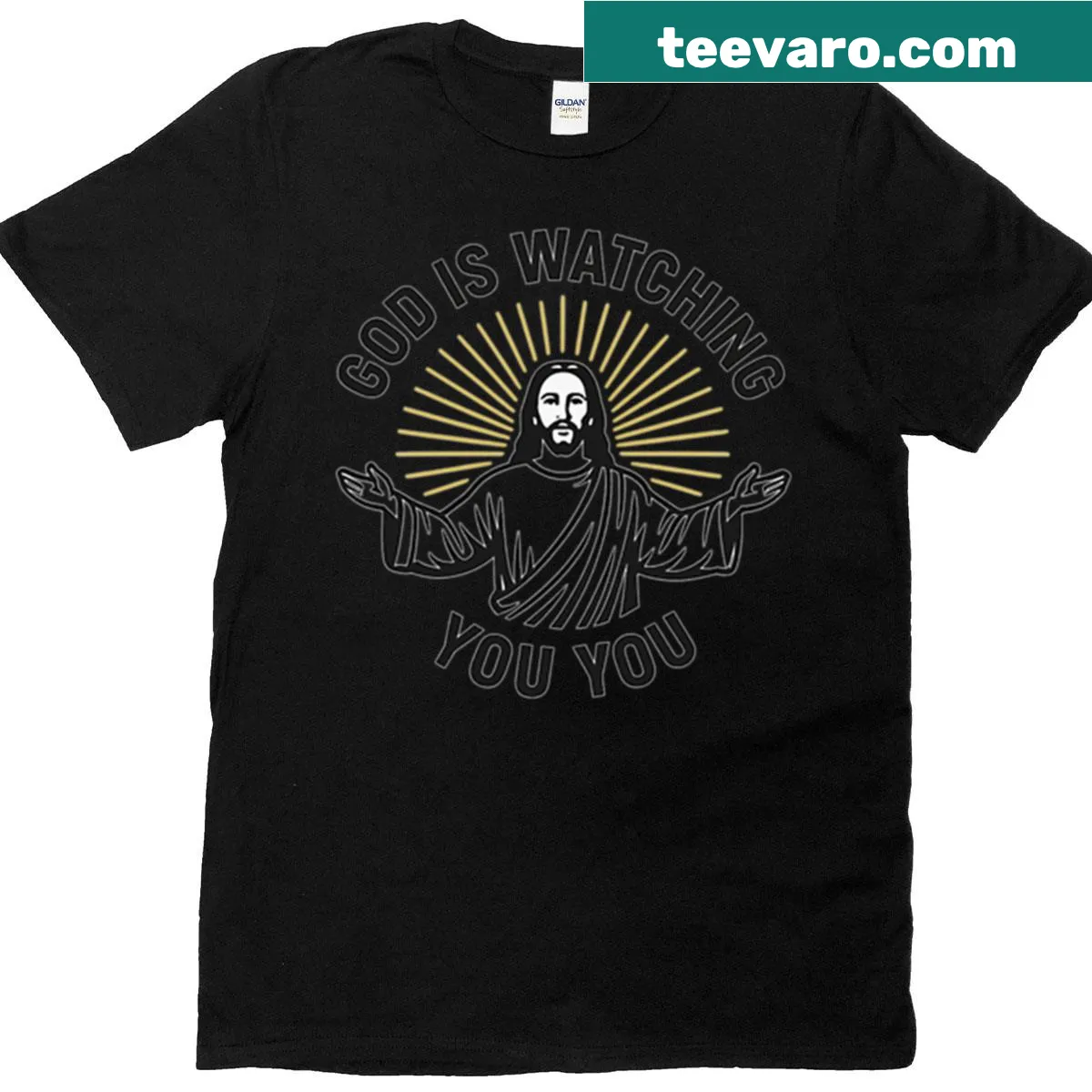 Funny text-based T-shirt featuring 'God Is Watching You' phrase — on a men's t-shirt