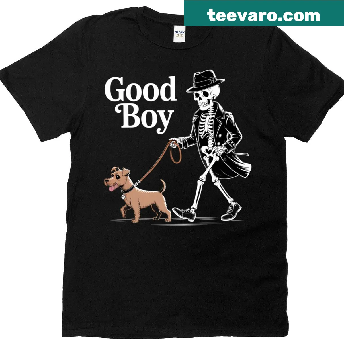 Skeleton dog walker graphic on Halloween-themed t-shirt — on a men's t-shirt