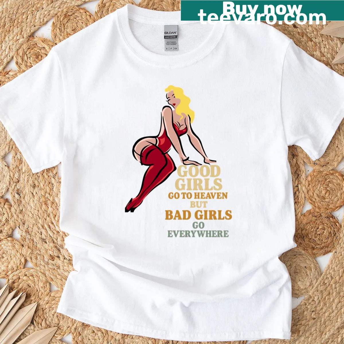 Retro pin-up t-shirt with humorous saying about girls — on a men's t-shirt
