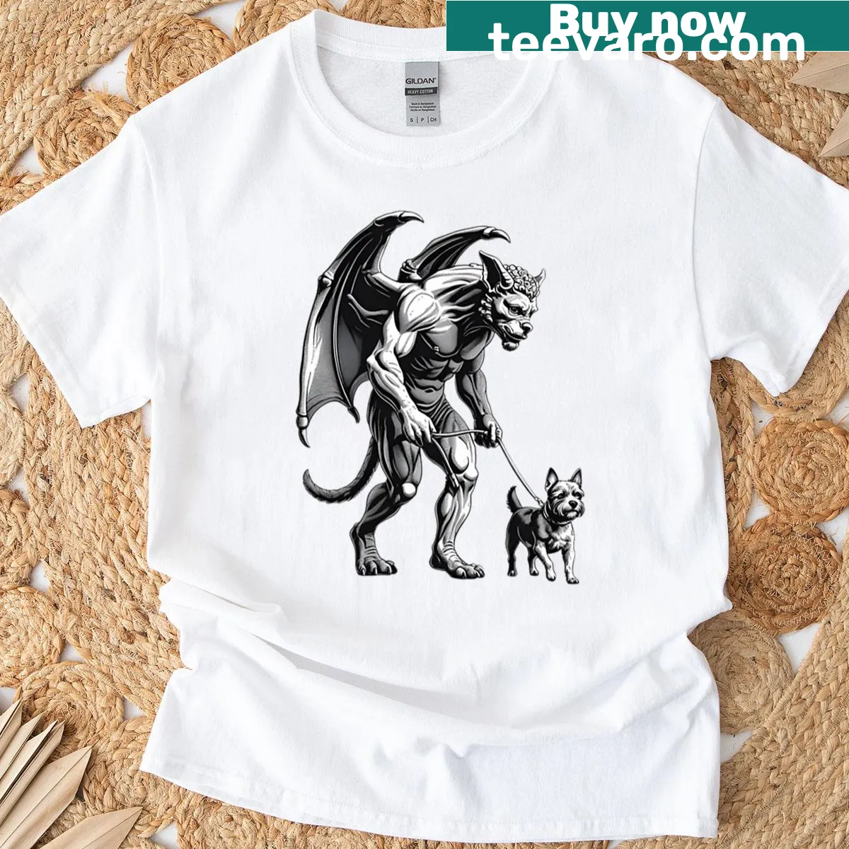 Gothic shirt featuring a gargoyle walking a puppy illustration. — on a men's t-shirt