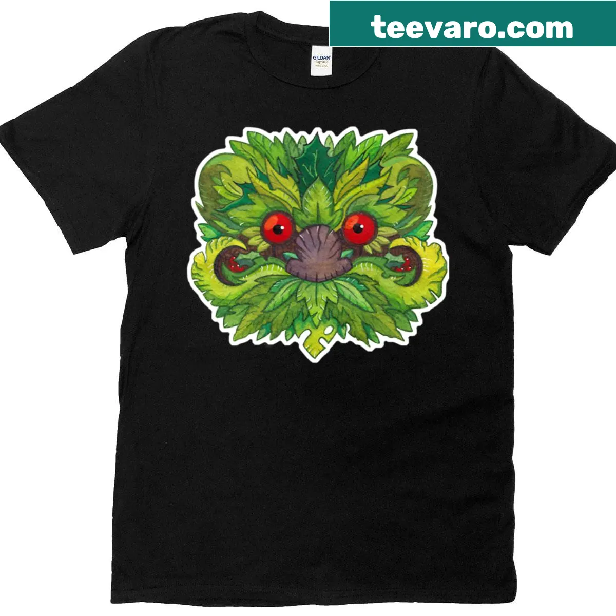 Whimsical Green Man illustration on an oversized T-shirt — on a men's t-shirt