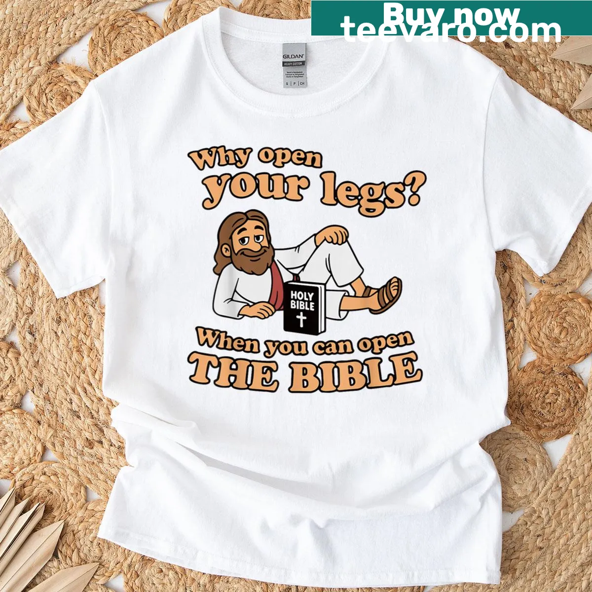 Textual graphic T-shirt promoting faith and humor — on a men's t-shirt