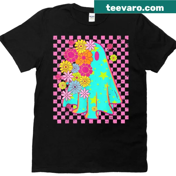 Retro ghost holding a pumpkin graphic on Halloween T-shirt
