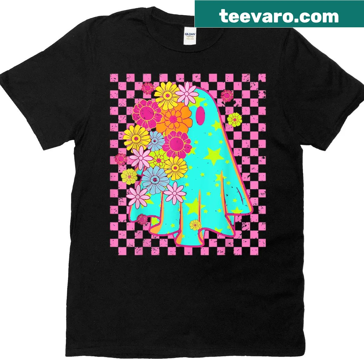 Retro ghost holding a pumpkin graphic on Halloween T-shirt — on a men's t-shirt