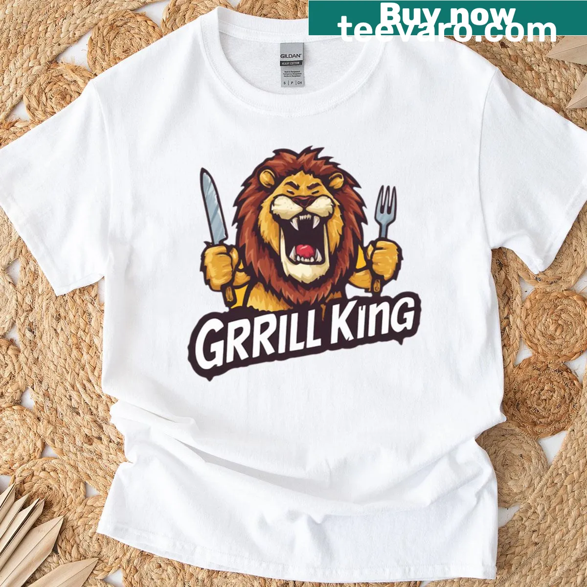 Playful 'Grill King' graphic T-shirt for BBQ lovers — on a men's t-shirt