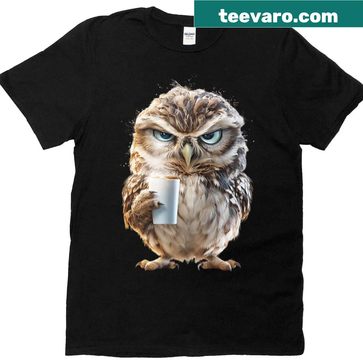 Grumpy owl illustration with coffee on a t-shirt — on a men's t-shirt