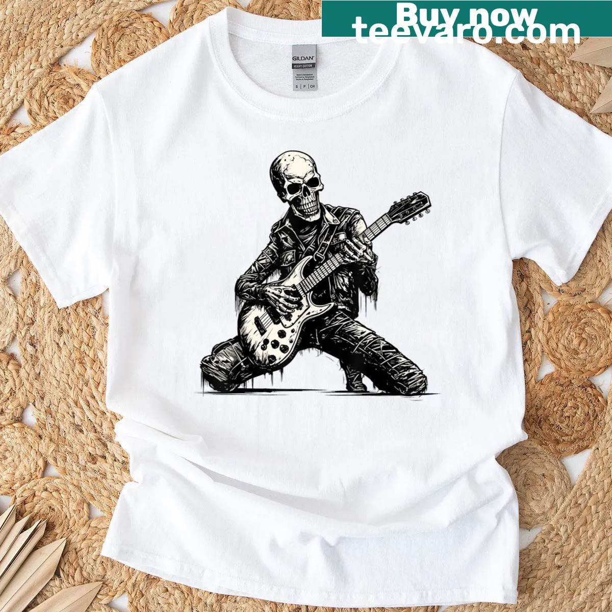 Skeleton playing guitar on a Halloween-themed funny t-shirt — on a men's t-shirt