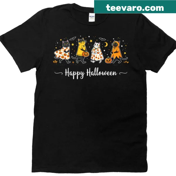 Funny Halloween t-shirt with cartoon ghosts and black cats design
