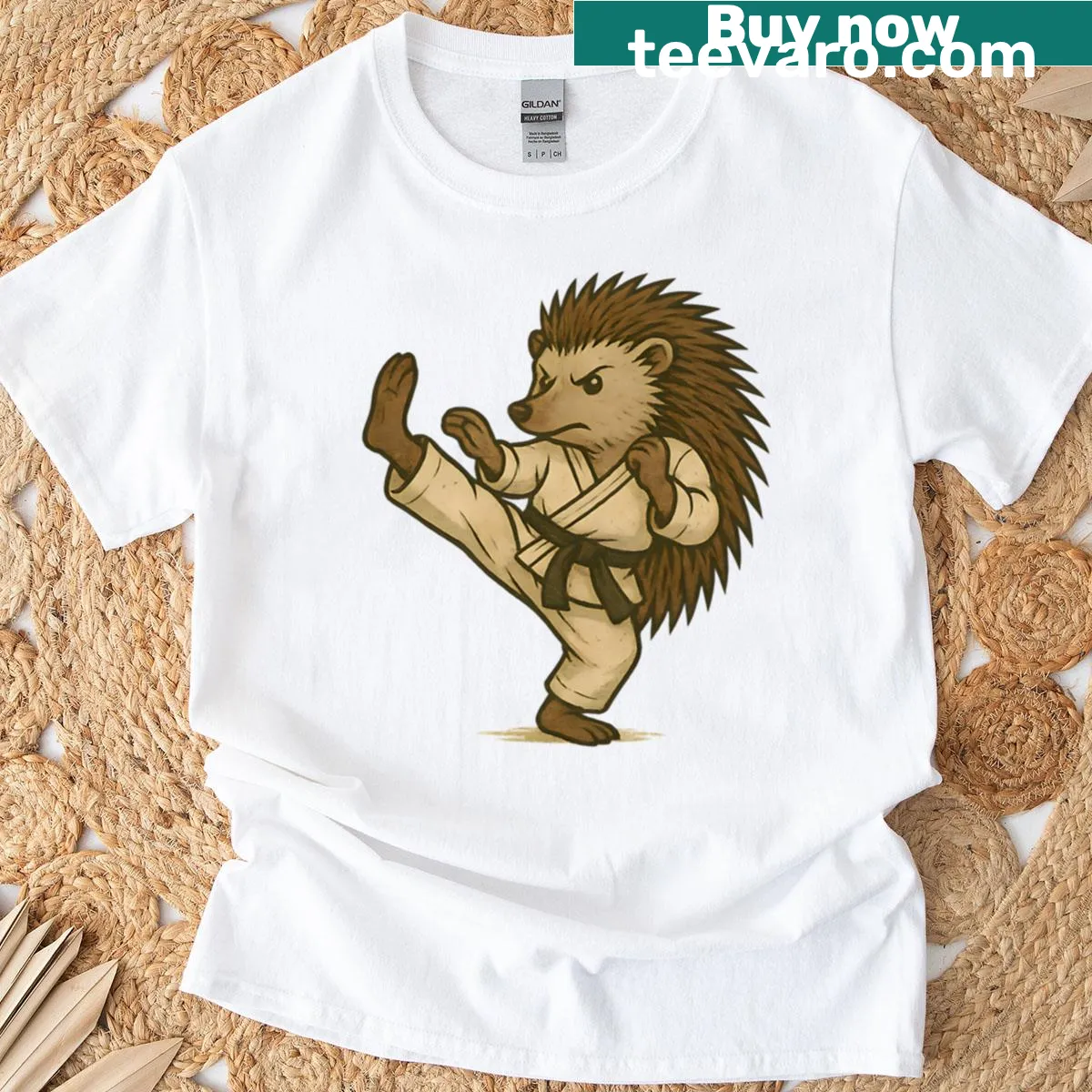Hedgehog Kung Fu martial arts design t-shirt — on a men's t-shirt