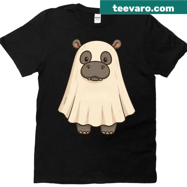 Cute Halloween t-shirt featuring a hippo dressed as a ghost